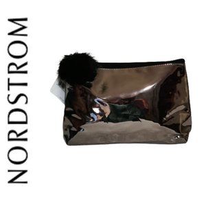 NORDSTROM Metallic Cosmetic/Make-up Bag w/ Faux Fur Pom